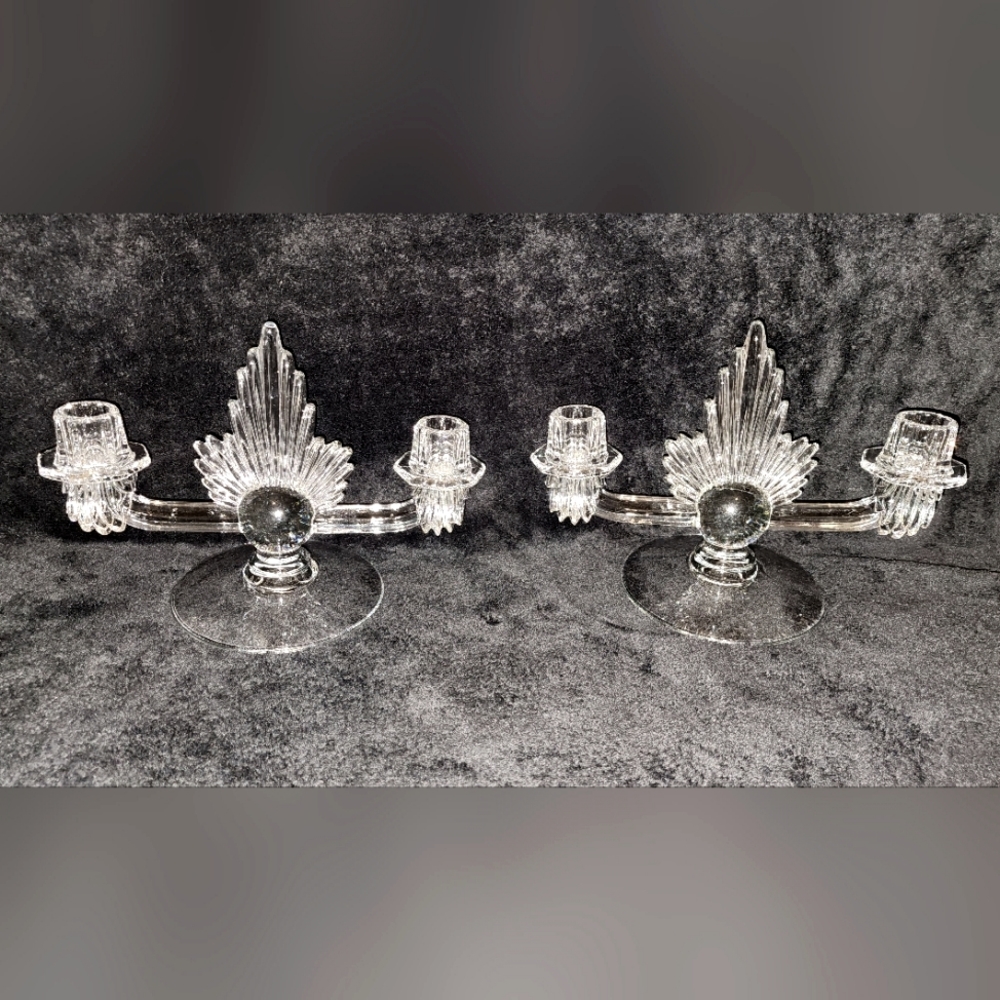 Set of 2 Vintage Fostoria Flame  Glass Flame Double Candelabra 1933-1966